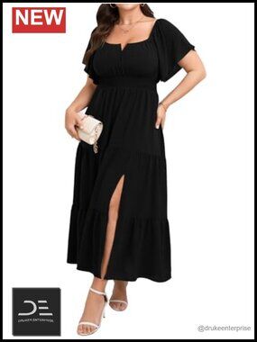 Plus Size Maxi Dress Wedding Guest Cocktail A-Line Ruffle Sleeve Slit